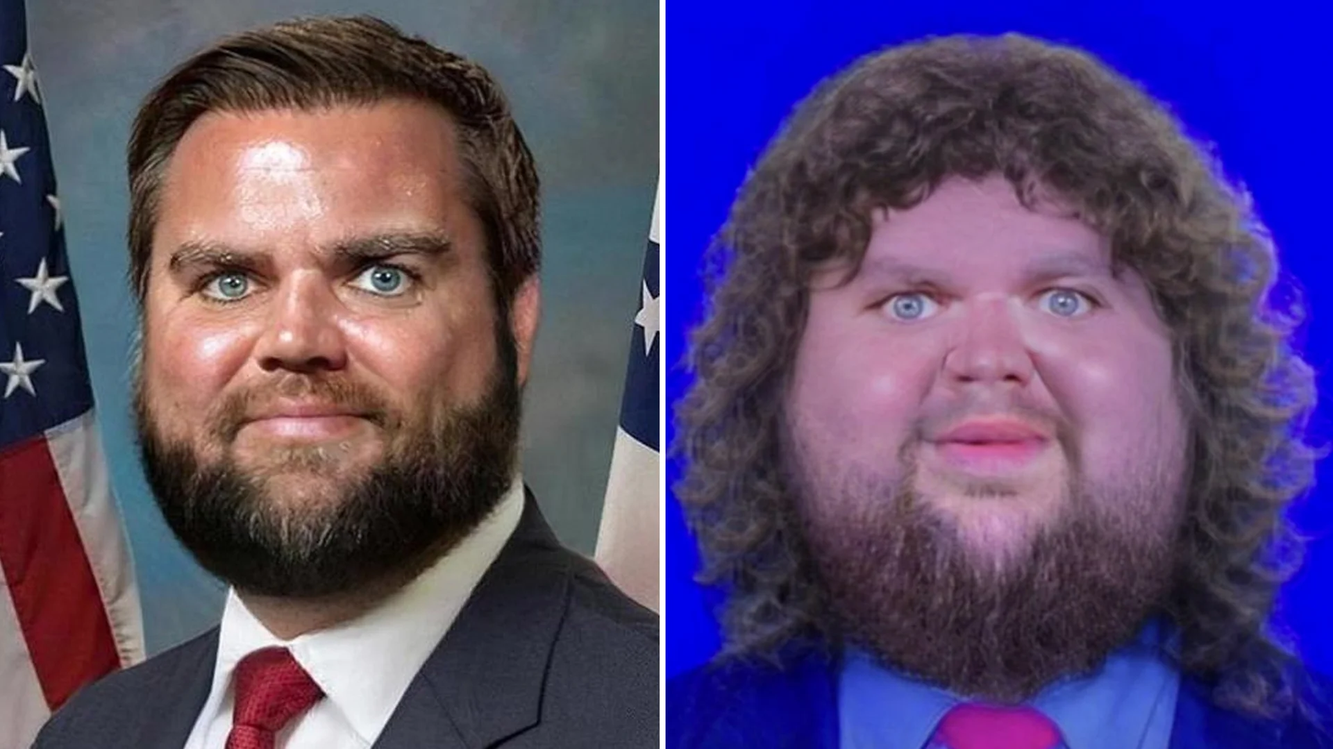 The original JD Vance edited face meme comparing his official Senate portrait (left) to an AI-generated parody version (right).