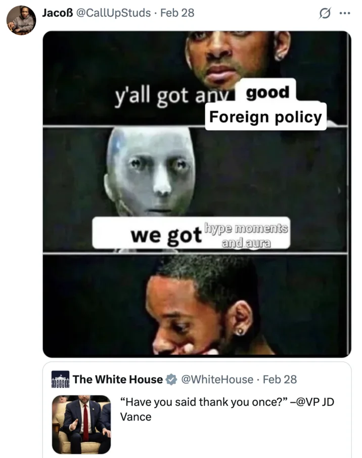 Three-panel meme format referencing the original moment.
