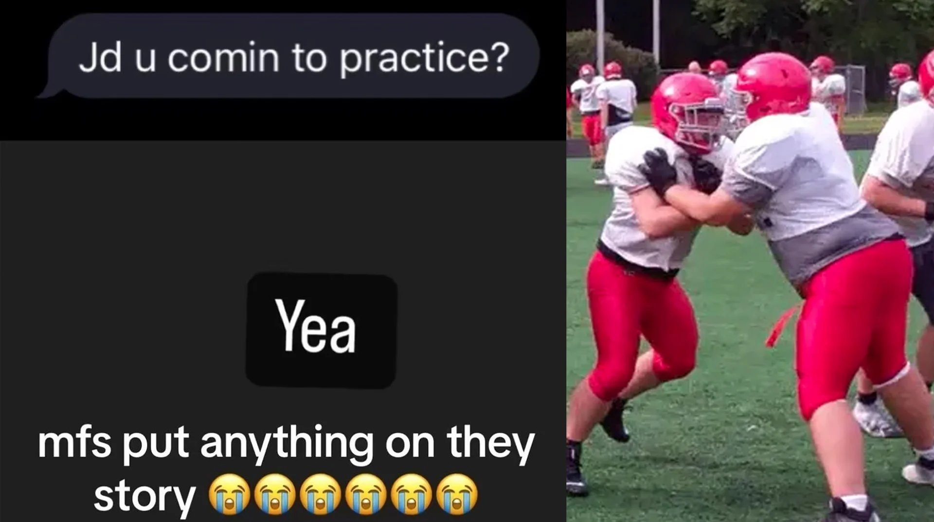 The header image for the 'Jd you coming to practice?' meme, pairing the original text exchange with the exaggerated football practice tackle it became associated with.