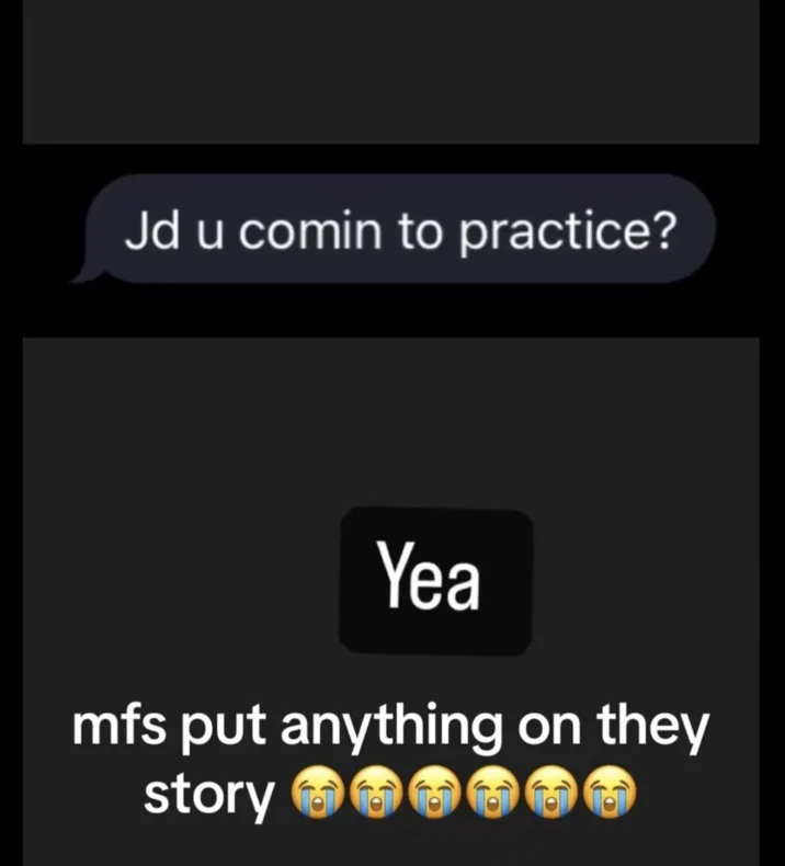 The original Instagram story text-message screenshot that launched the 'Jd you coming to practice?' meme.