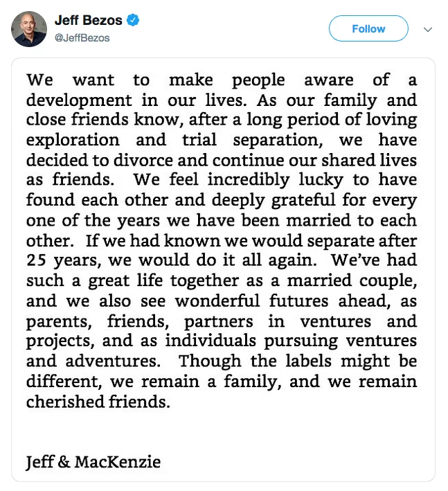 Jeff Bezos's January 2019 Twitter announcement of his divorce, which sparked the #JeffBezosPickMeDaddyChallenge meme wave.
