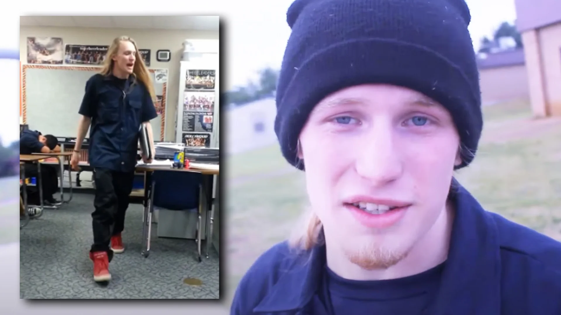 Jeff Bliss during his viral 2013 classroom rant at Duncanville High School (left) and in a subsequent news interview (right).