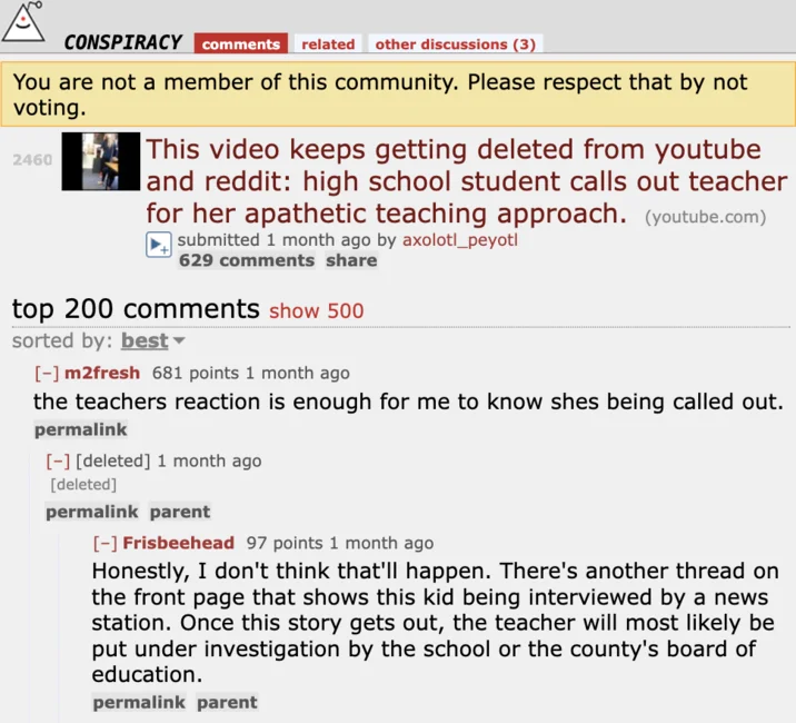 A Reddit r/conspiracy thread discussing the spread and removal of the Jeff Bliss classroom rant video.