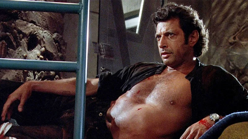 The now-iconic shot of Jeff Goldblum's Dr. Ian Malcolm from Jurassic Park (1993) that spawned countless internet parodies and paintings.