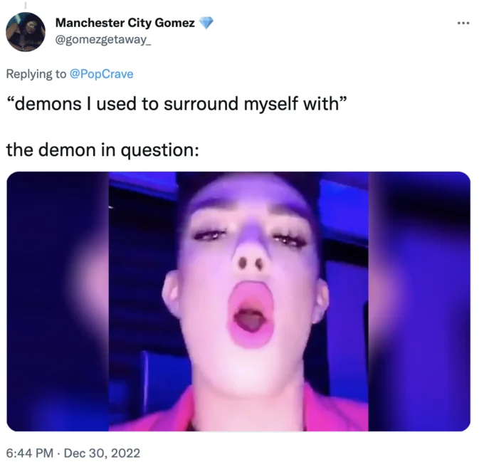 A viral reaction pointing at Jeffree Star's former collaborator James Charles as one of the 'demons' referenced in his illuminati tweets.