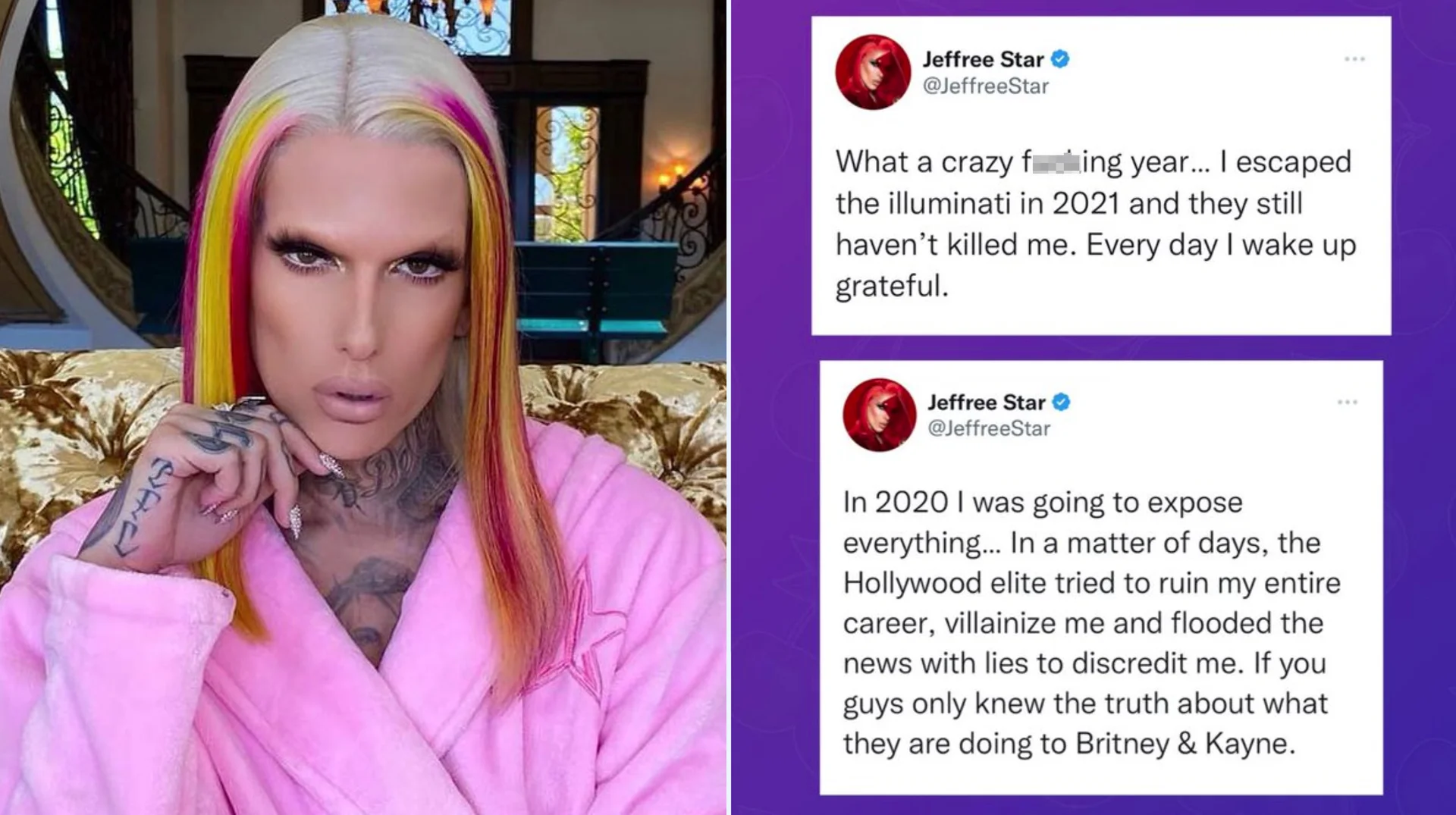 The cover image for the 'Jeffree Star vs. the Illuminati' meme, pairing a portrait of the beauty YouTuber with the tweets that sparked the viral reaction.
