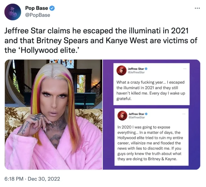 The Pop Base tweet that helped amplify Jeffree Star's illuminati claims to a broader audience, kicking off the viral reaction thread.
