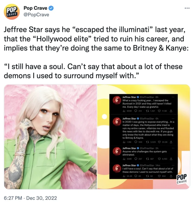 Pop Crave's coverage of Jeffree Star's illuminati claims, another aggregator post that helped push the story into wider Twitter discourse.