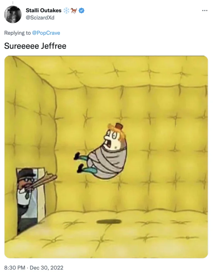A SpongeBob padded-room reaction meme mocking Jeffree Star's illuminati claims as unhinged.