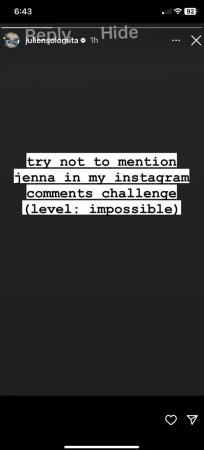 Julien Solomita, Jenna Marbles' partner, jokes on Instagram about the impossibility of avoiding Jenna's name in his comments.