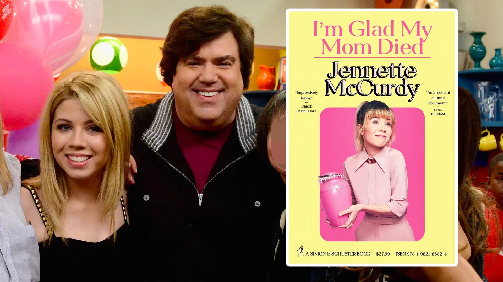 A promotional composite pairing a photo of Jennette McCurdy with former Nickelodeon showrunner Dan Schneider alongside the cover of her 2022 memoir 'I'm Glad My Mom Died.'