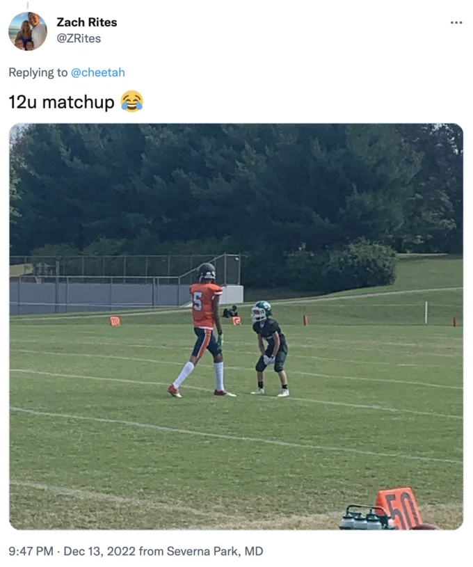 A joke tweet highlighting the perceived size mismatch in 12U youth football matchups.