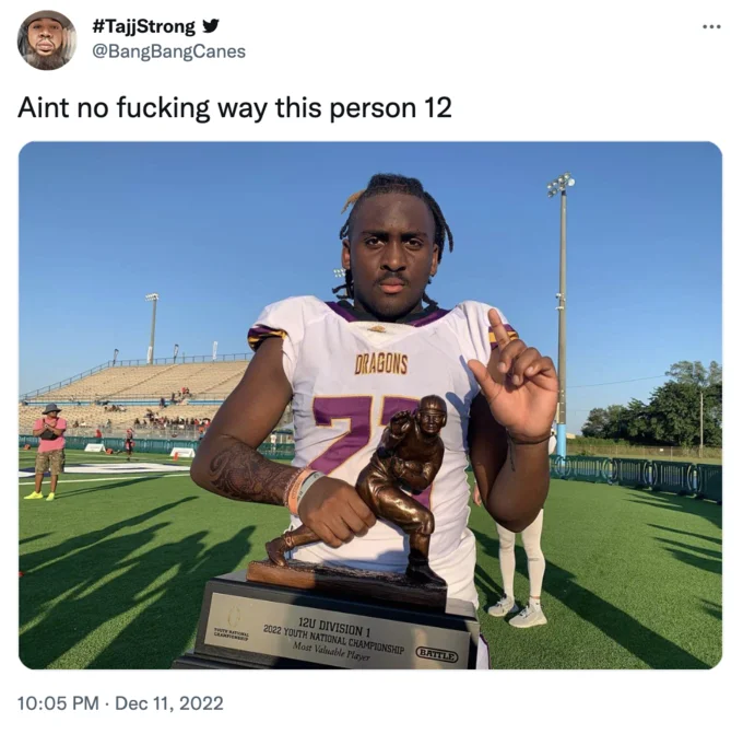 A viral tweet reacting in disbelief to Jeremiah Johnson's appearance while holding his 12U Youth National Championship MVP trophy.