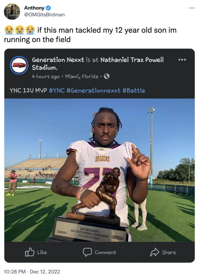 A viral tweet reacting to the Generation Nexxt post announcing Jeremiah Johnson as the 2022 YNC 12U MVP.