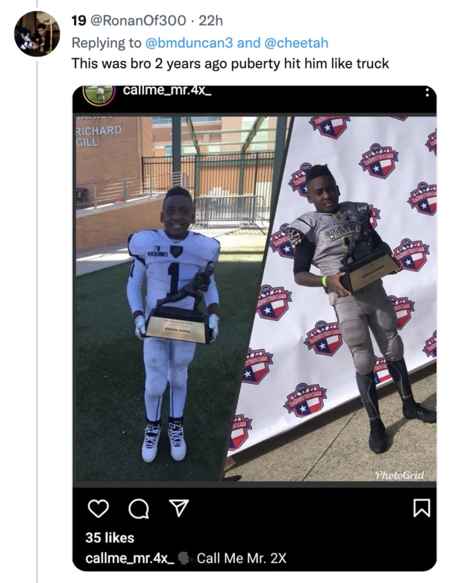 A viral reply showing Jeremiah Johnson two years earlier, joking that 'puberty hit him like a truck.'