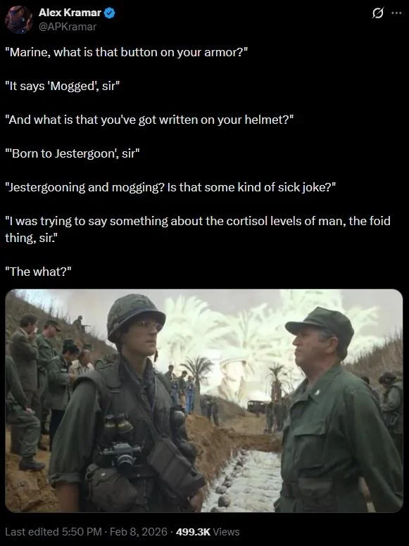 Absurdist dialogue format playing with the meme terminology.