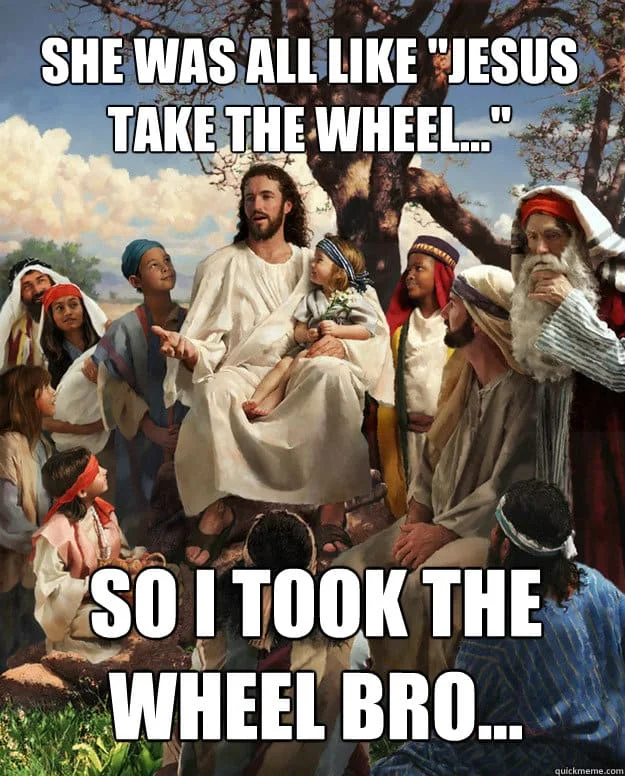 Classical religious art repurposed for absurdist meme humor.