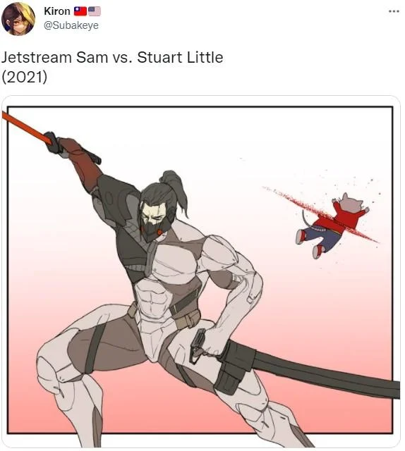 A viral 2021 tweet showing fan art of Jetstream Sam defeating Stuart Little, one of many crossover mash-ups inspired by the character.