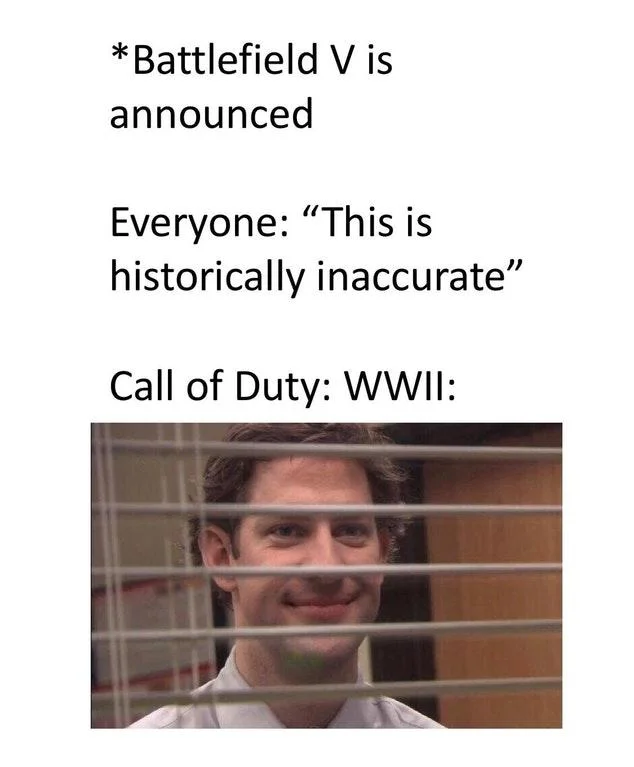 A gaming-culture variation of the meme casting Call of Duty: WWII as the smug bystander to Battlefield V's historical accuracy backlash.