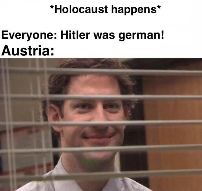 A dark-humor history variation of the meme casting Austria as the smug Jim Halpert while Germany takes the blame for Hitler.