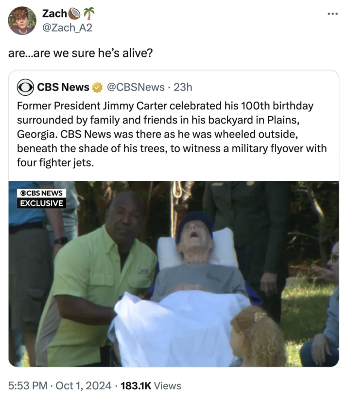 An early viral reaction tweet questioning Carter's condition in the CBS News birthday footage.