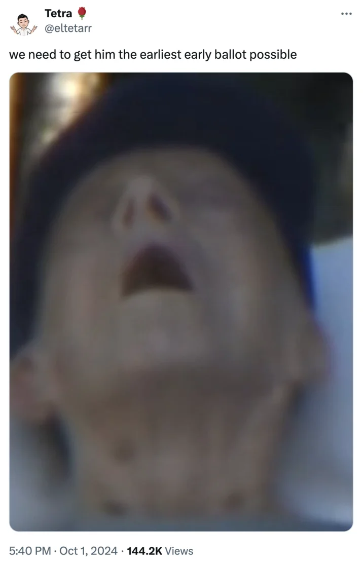 A viral joke tweet zooming in on Carter's expression, riffing on his intention to vote in the 2024 election.