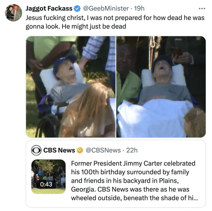 An early viral X reaction from @GeebMinister quote-tweeting the CBS News clip, kickstarting jokes about Carter's appearance.