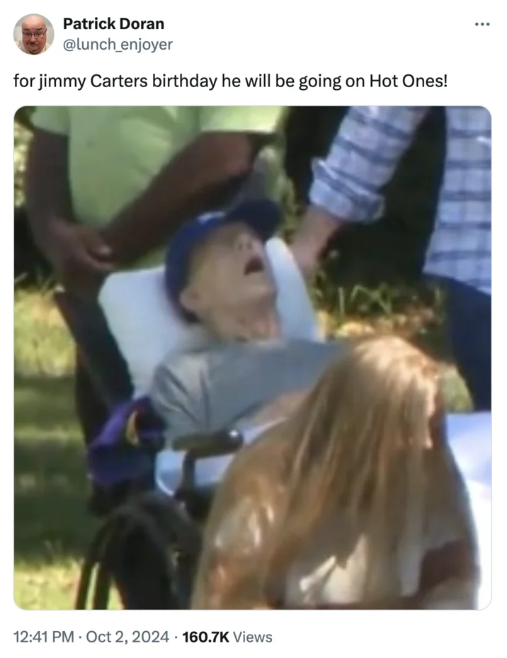 A joke tweet suggesting Carter's open-mouthed pose looks like he's bracing for a spicy Hot Ones wing.