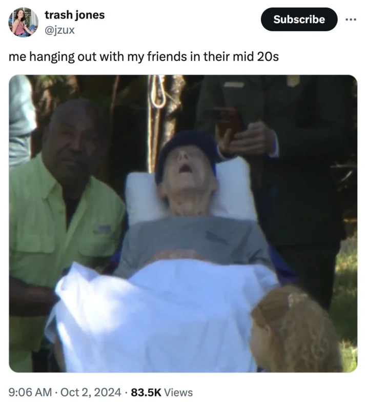 A relatable-humor meme repurposing the Carter photo to joke about generational fatigue.