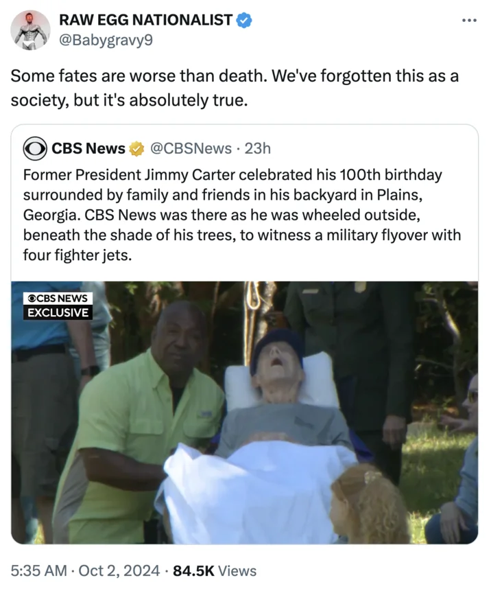 A serious-toned reaction quote-tweet lamenting Carter's frail appearance in the CBS News coverage.