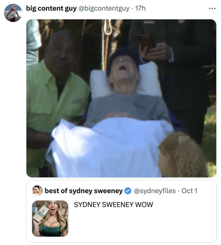 A meme edit juxtaposing Carter's slack-jawed birthday photo with a Sydney Sweeney post for comic effect.