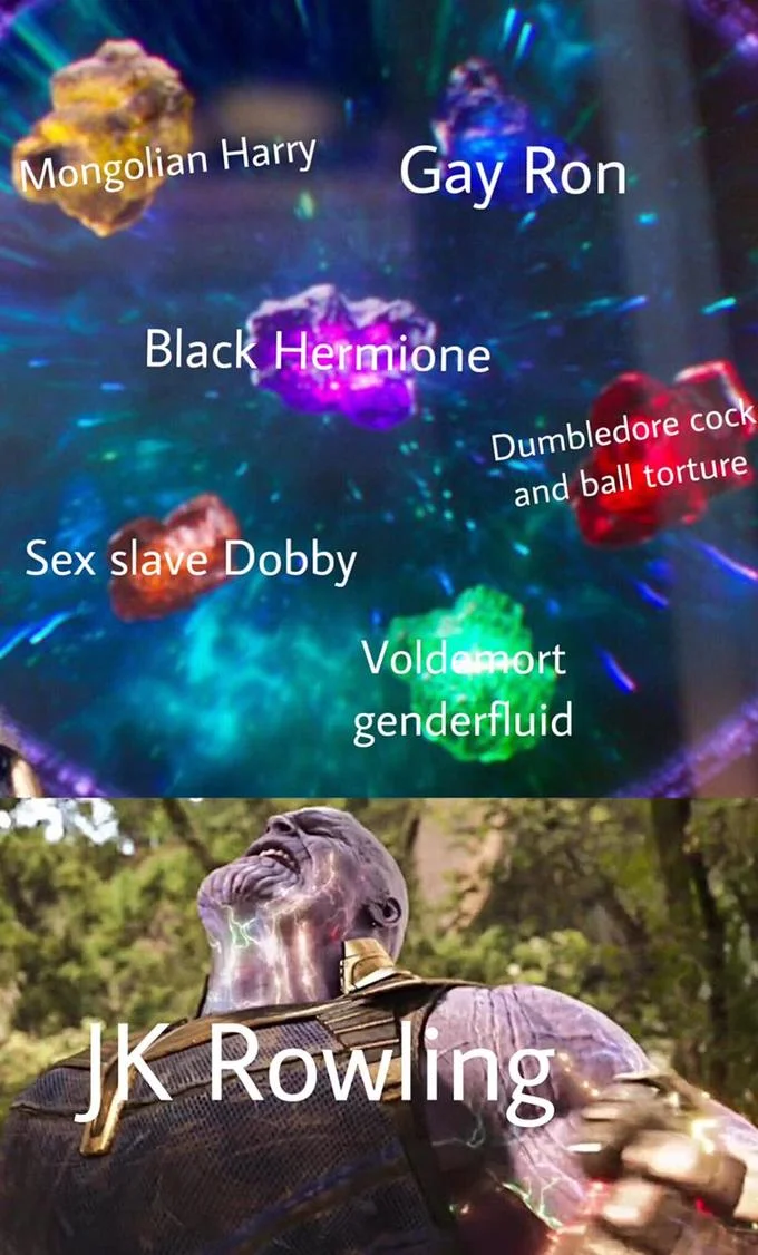 A TL;DR Wikipedia meme joking that Rowling's constant post-canon tweets have turned her into a fanfic writer of her own series.