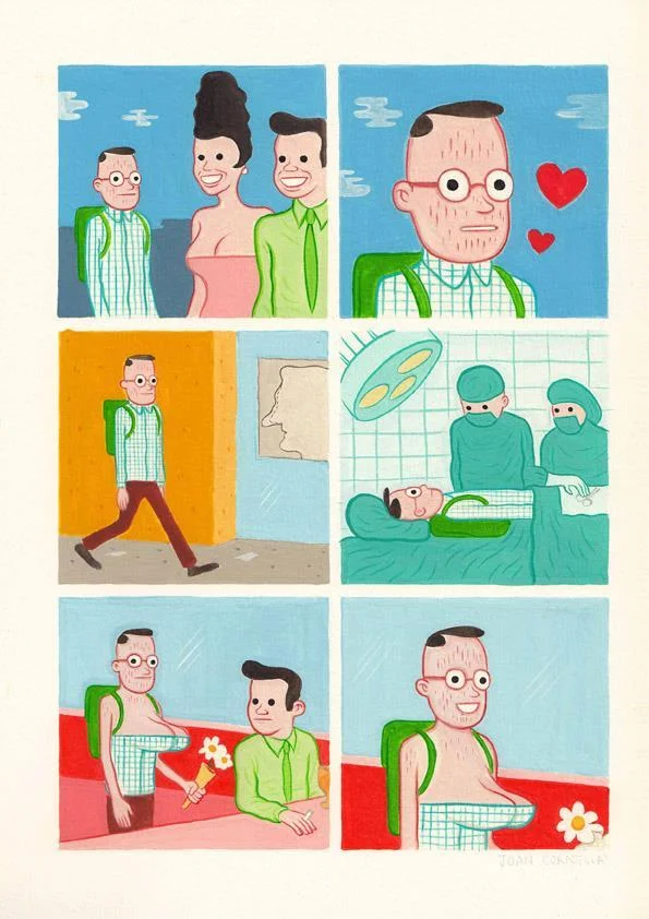 A characteristic multi-panel strip by Joan Cornellà blending body horror and dark humor beneath cheerful pastel colors.