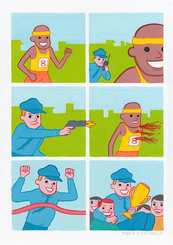 A satirical Joan Cornellà strip using bright pastel palettes to soften a brutal punchline about corruption and violence.