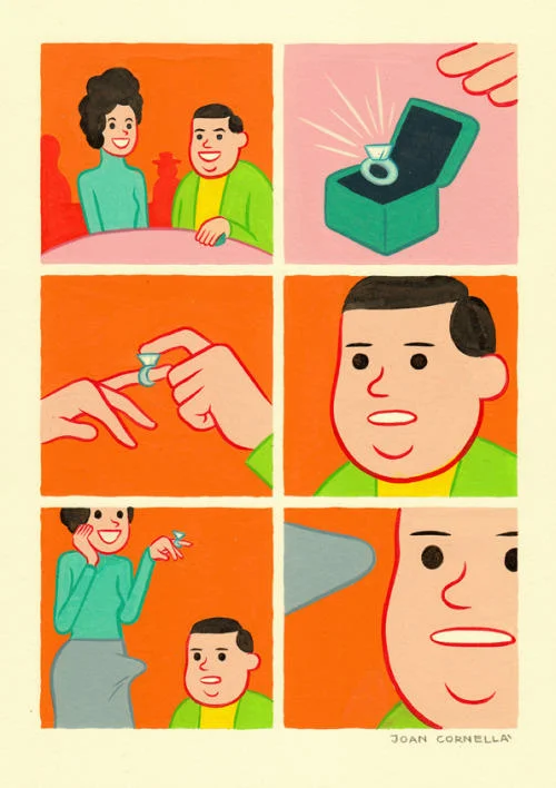 A dark humor strip by Joan Cornellà in which a proposal quickly turns macabre, typical of the artist's twisted punchlines.