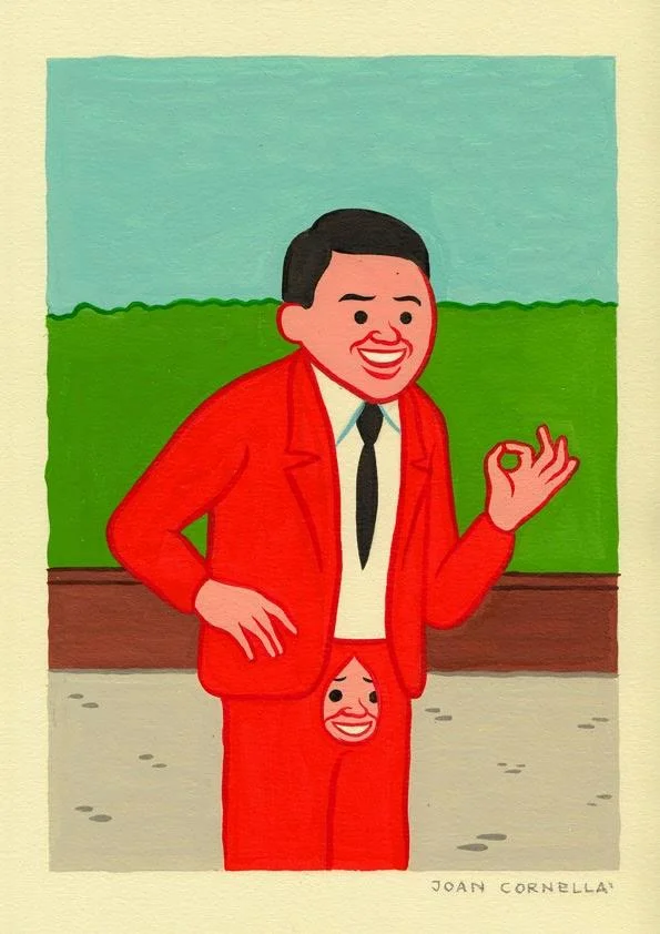A single-panel painting by Joan Cornellà featuring his trademark grotesque humor and unsettlingly cheerful figures.