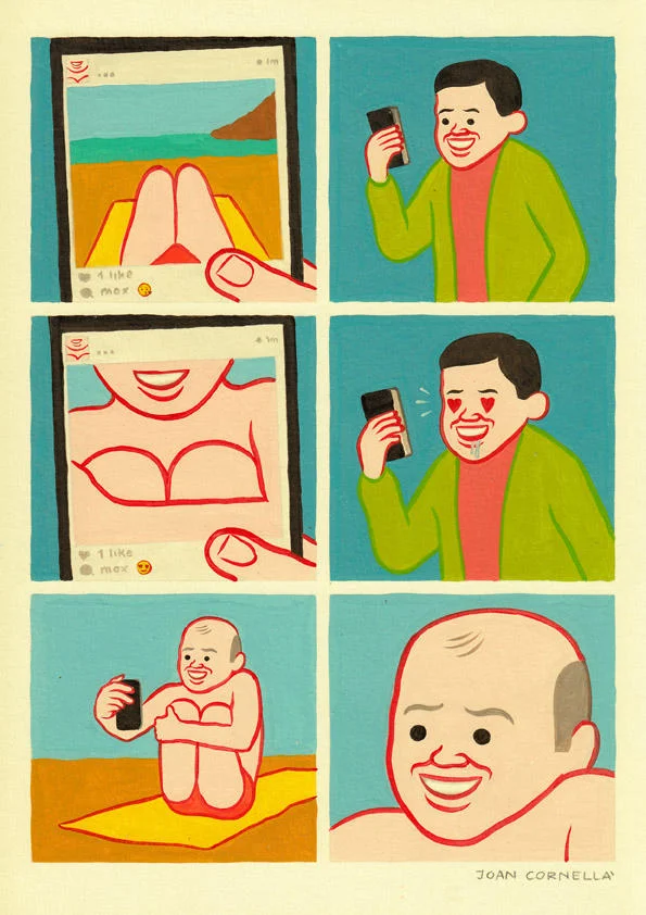 A signature Joan Cornellà gag comic exploring smartphone culture and self-obsession through absurd body horror.