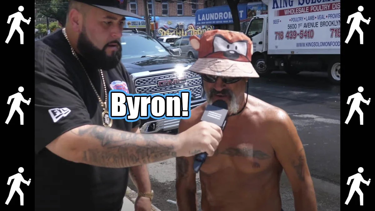 A screenshot from the viral street interview in which a shirtless Brooklyn local famously shouts 'Byron!' into the microphone, launching the 'Joe Byron' meme.