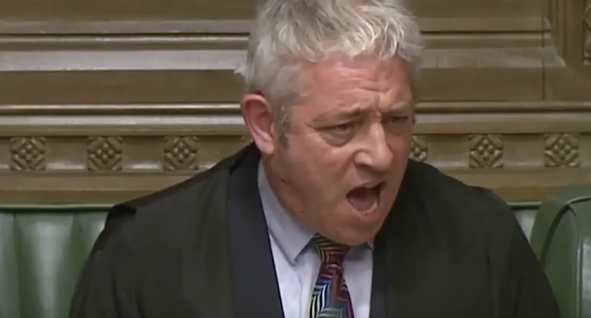 Speaker John Bercow mid-bellow in the House of Commons, a frame typical of the viral Brexit-era clips that turned his booming interventions into a meme.