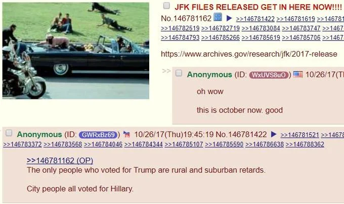 A 4chan /pol/ thread reacting to the release of the JFK assassination files on archives.gov.