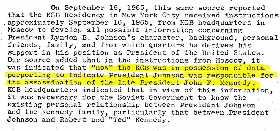 A highlighted passage from the released JFK files describing a KGB report alleging President Lyndon B. Johnson's involvement in the Kennedy assassination.