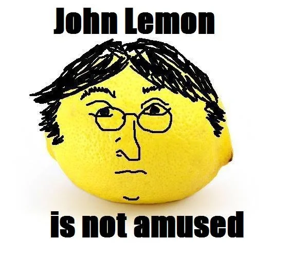'John Lemon is not amused' — a lemon doodled with a scowling John Lennon likeness.