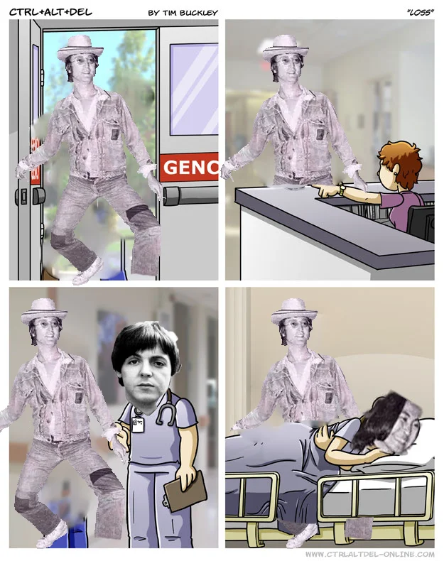 A crossover edit inserting Lennon's madman pose into the infamous Ctrl+Alt+Del 'Loss' comic.