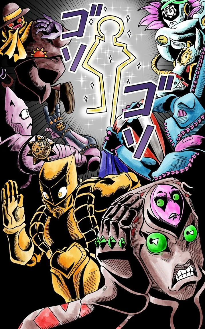 Fan art depicting John Rod as a legendary presence surrounded by classic JoJo's Bizarre Adventure stands in reverence.