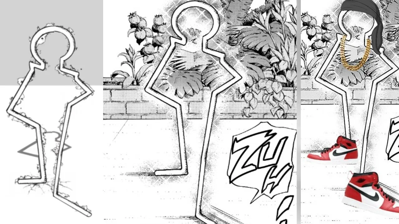 Cover collage introducing John Rod, the minimalist stick-figure stand from JoJo's Bizarre Adventure whose design references Michael Jordan and Air Jordan 1 sneakers.