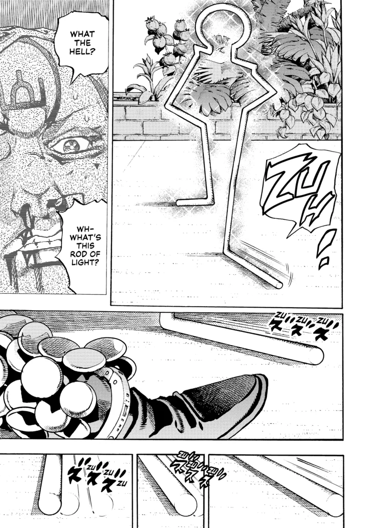 The manga panel where John Rod first appears in JoJo's Bizarre Adventure, prompting a character to call it a mysterious 'rod of light.'