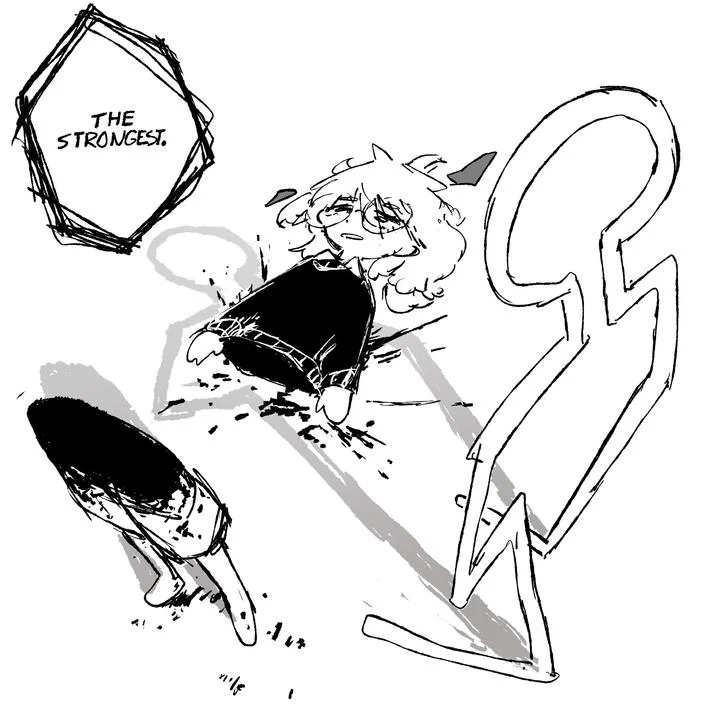 A meme sketch dubbing John Rod 'The Strongest,' depicting the stand looming over a defeated character.