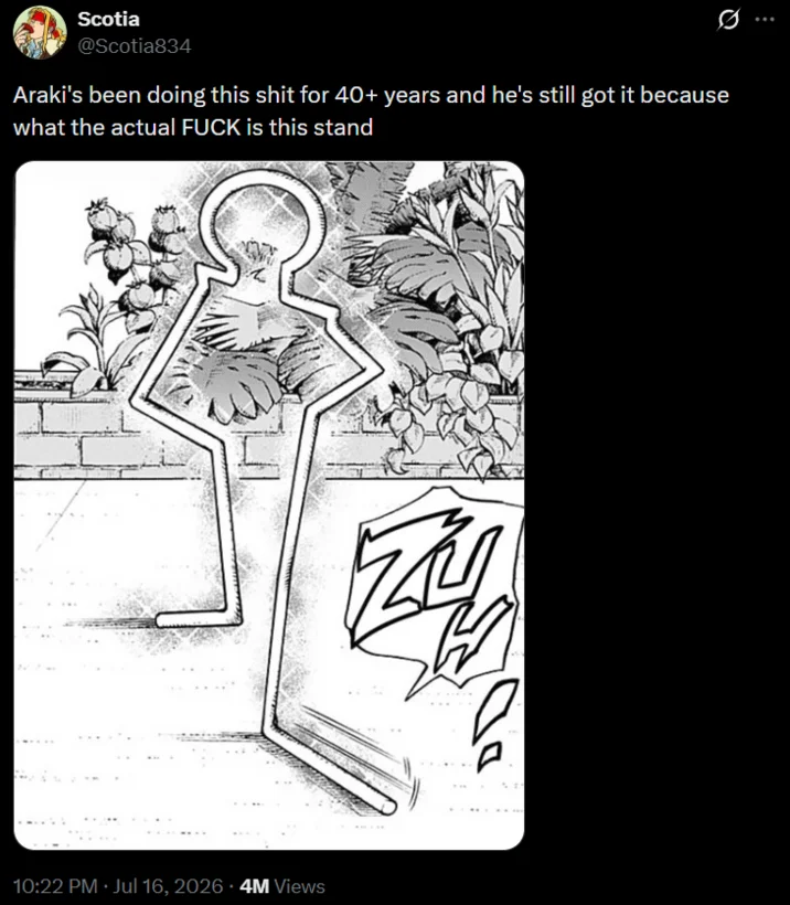 A viral tweet reacting to the reveal of John Rod, one of many social media posts amazed at Araki's continued creative absurdity after 40+ years.
