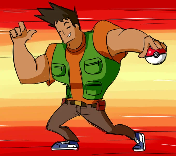 Crossover fan art placing Pokemon's Brock into Johnny Bravo's iconic swaggering stance.
