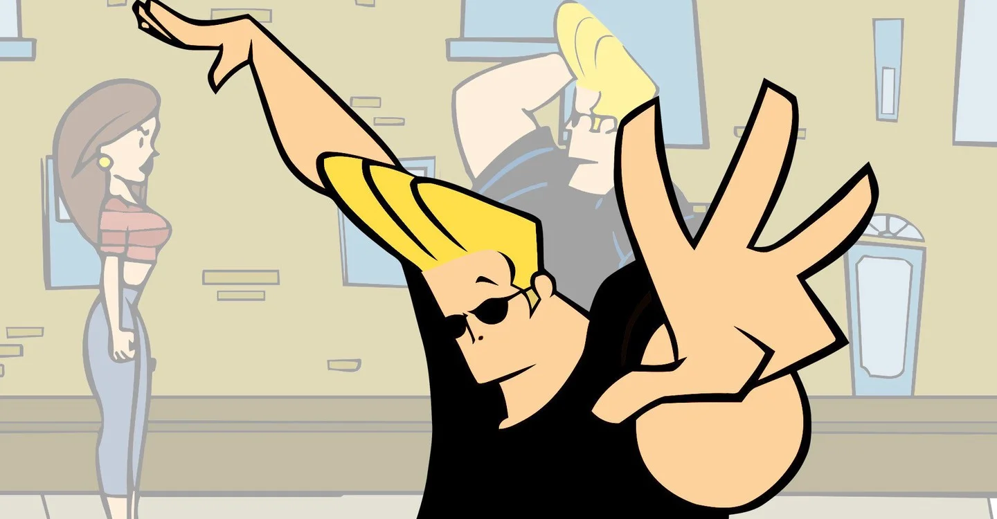 Johnny Bravo strikes his trademark pose in a scene from the Cartoon Network series.